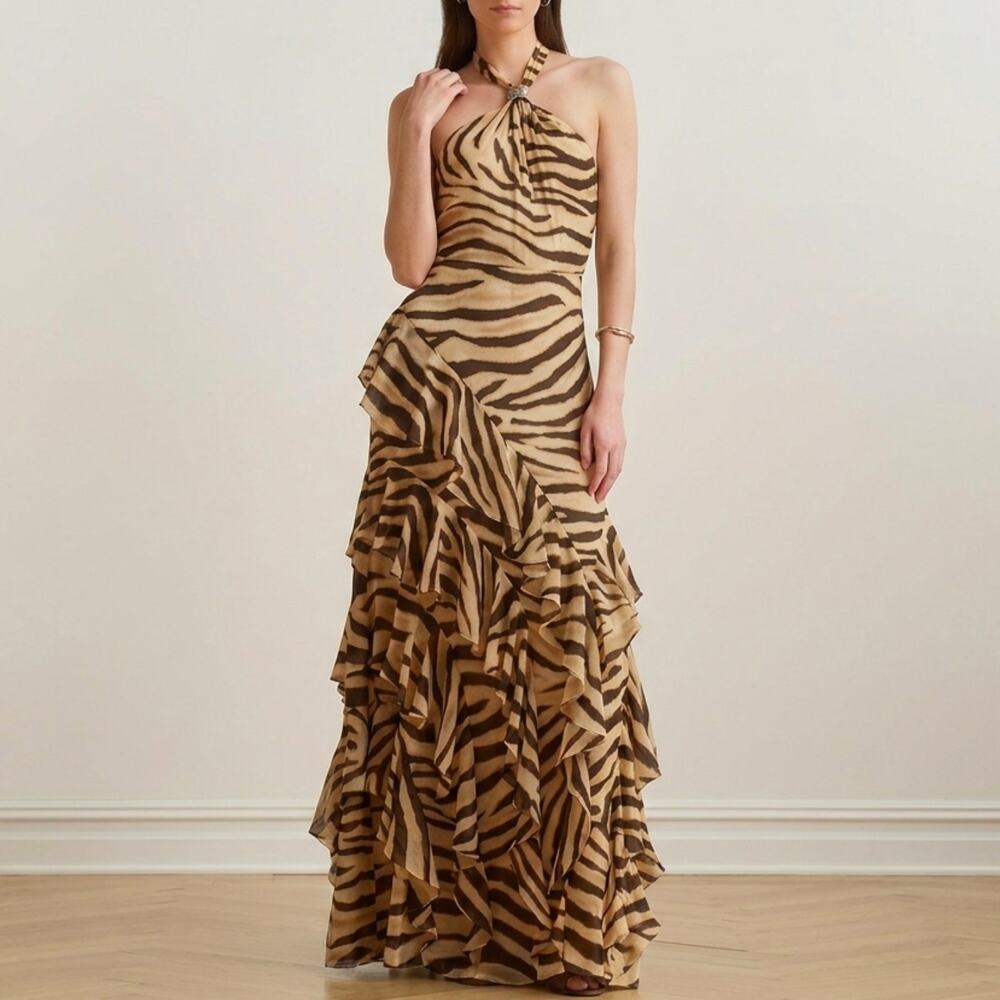 Lauren Ralph Lauren Zebra Print Ruffle Trim Georgette Gown Maxi Dress Cream Sz 2